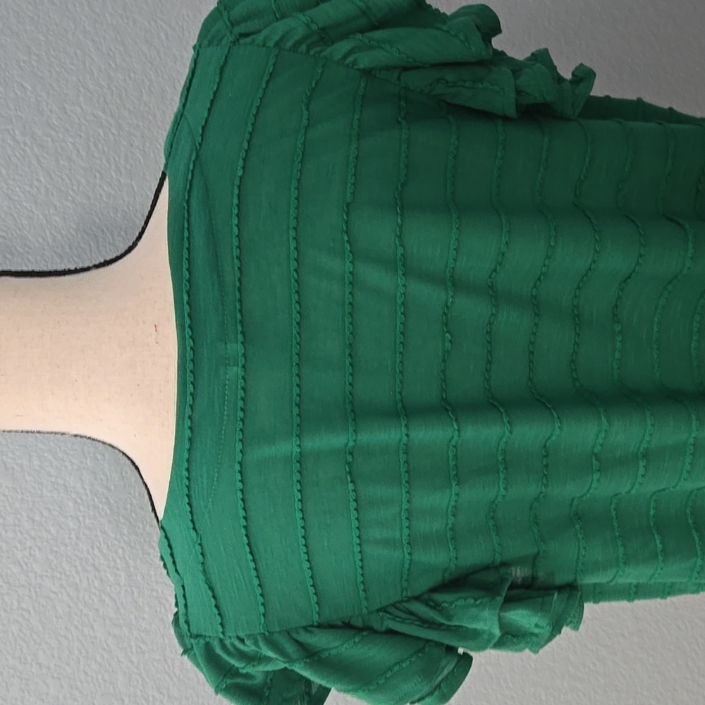 ANTHROPOLOGIE Double Ruffle Emerald Short Sleeve Blouse Top Rounded Neck Sz XL - Picture 8 of 11
